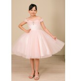 Off the shoulder corset bodice tea-length gown 8341