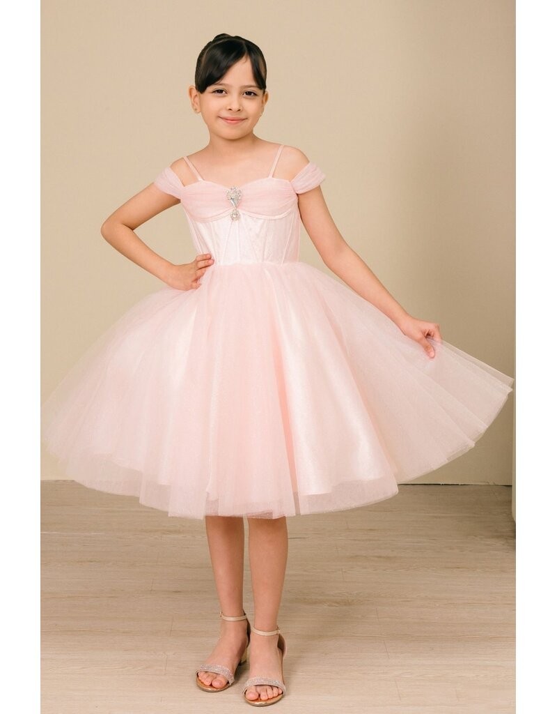 Off the shoulder corset bodice tea-length gown 8341