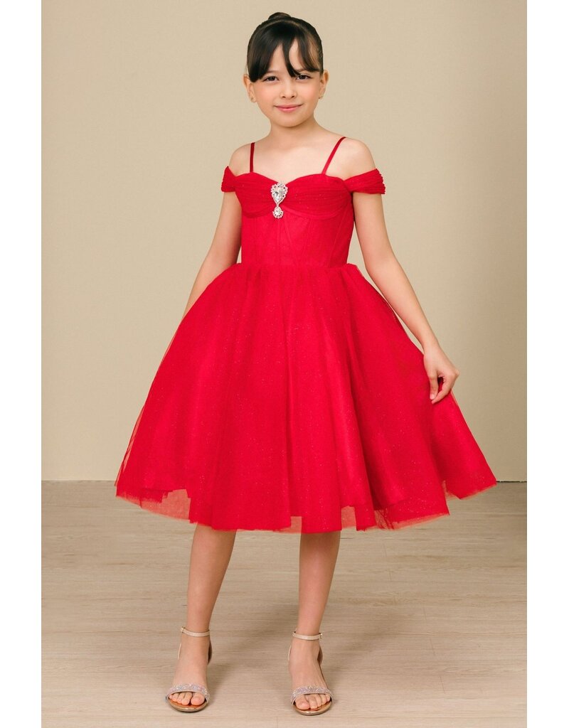 Off the shoulder corset bodice tea-length gown 8341