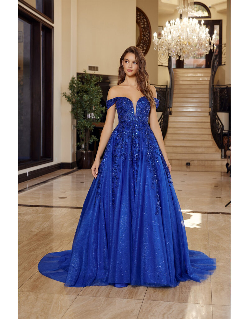 Off the shoulder sequin lace ballgown corset back H126881