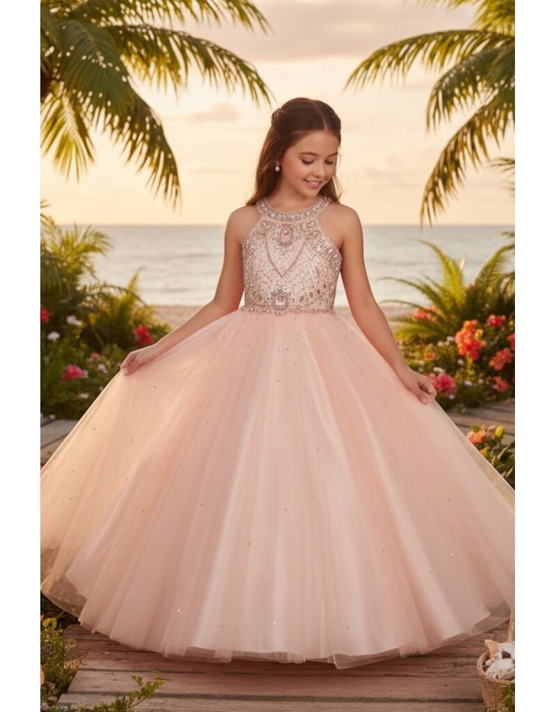 Halterneck jeweled top long gown 5027