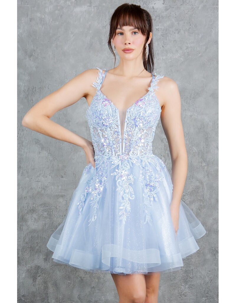 Sequin lace corset bodice tulle ruffle short gown 8298J