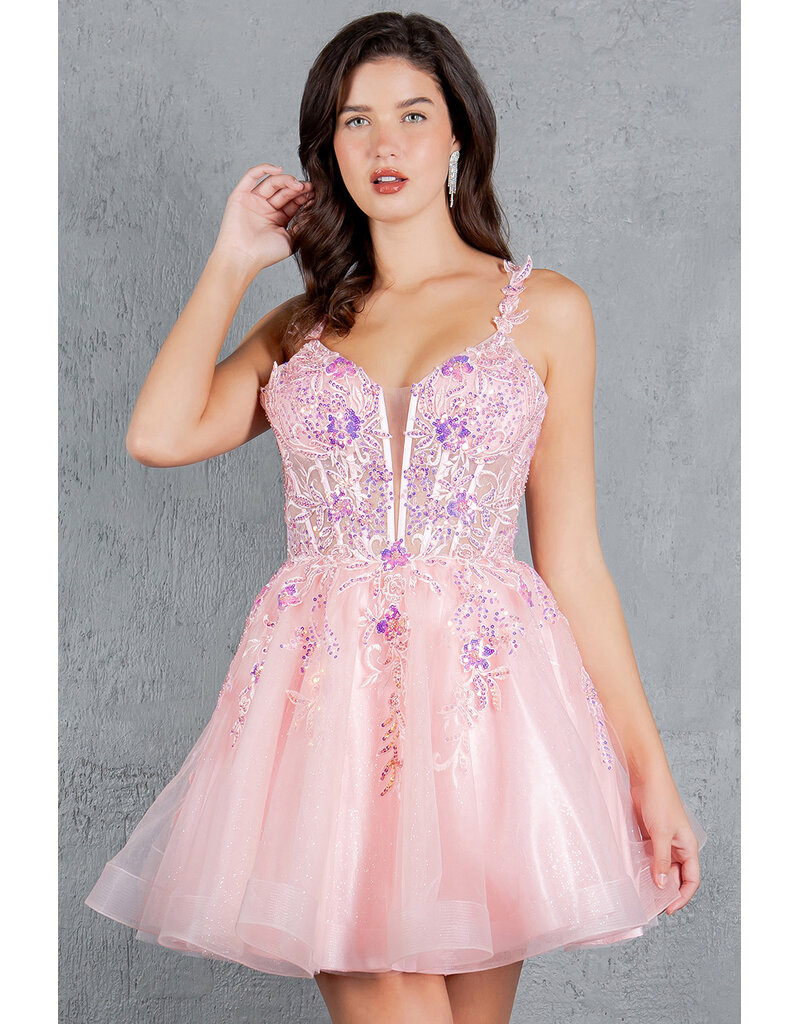 Sequin lace corset bodice tulle ruffle short gown 8298J