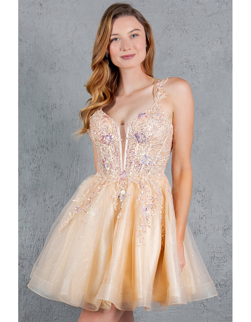 Sequin lace corset bodice tulle ruffle short gown 8298J