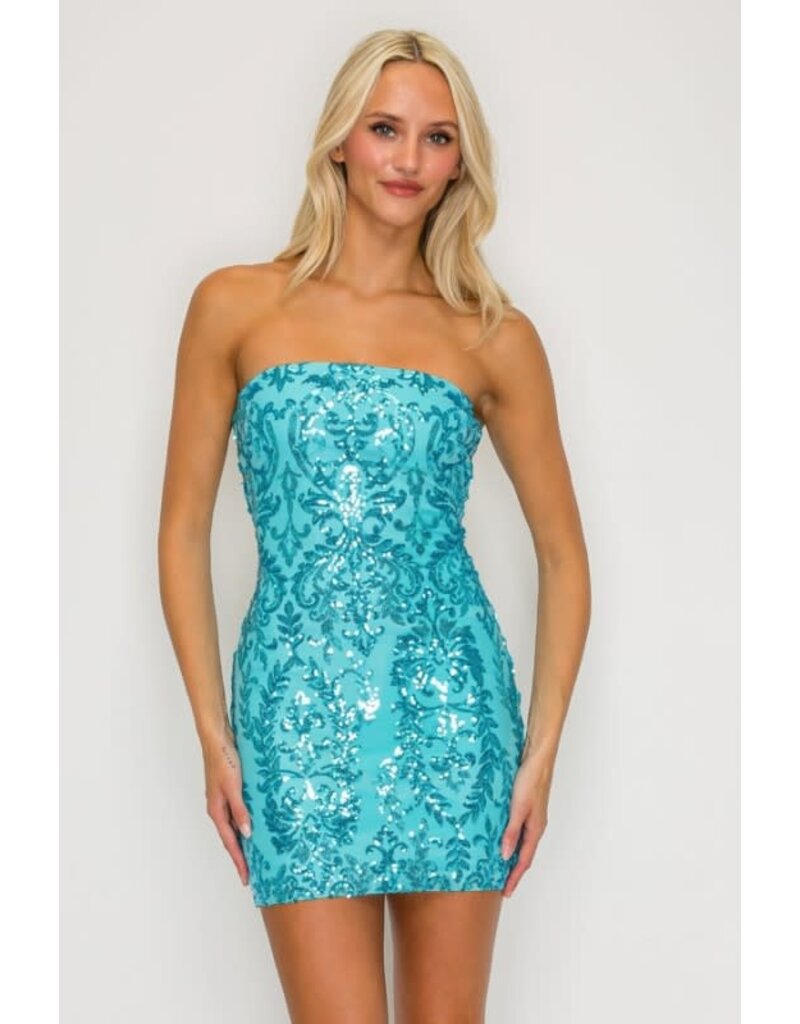 LOVESOME Strapless fitted sequin zip up short gown CD30950