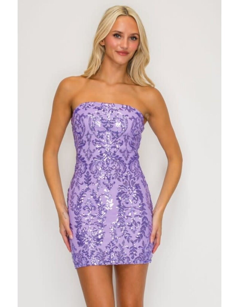 LOVESOME Strapless fitted sequin zip up short gown CD30950