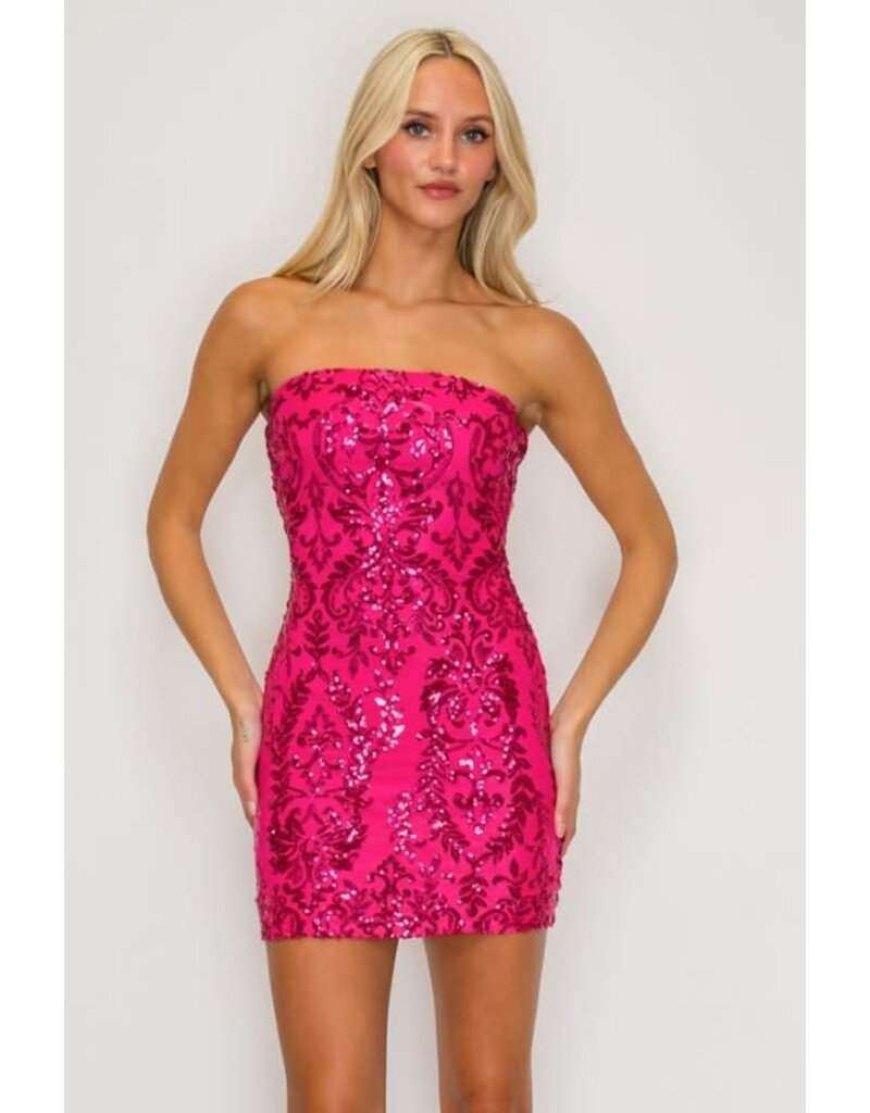 LOVESOME Strapless fitted sequin zip up short gown CD30950
