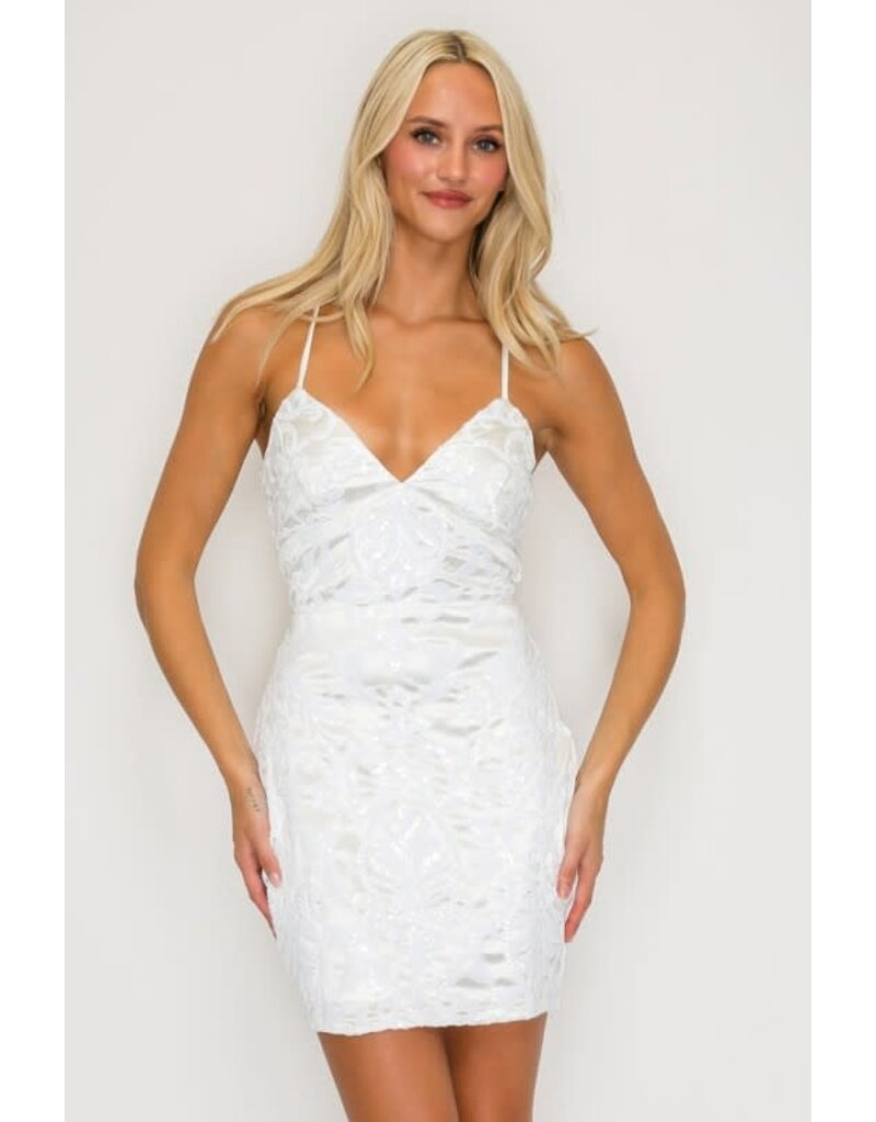 LOVESOME Spaghetti strap v-neck fitted sequin/satin short gown TRC1573