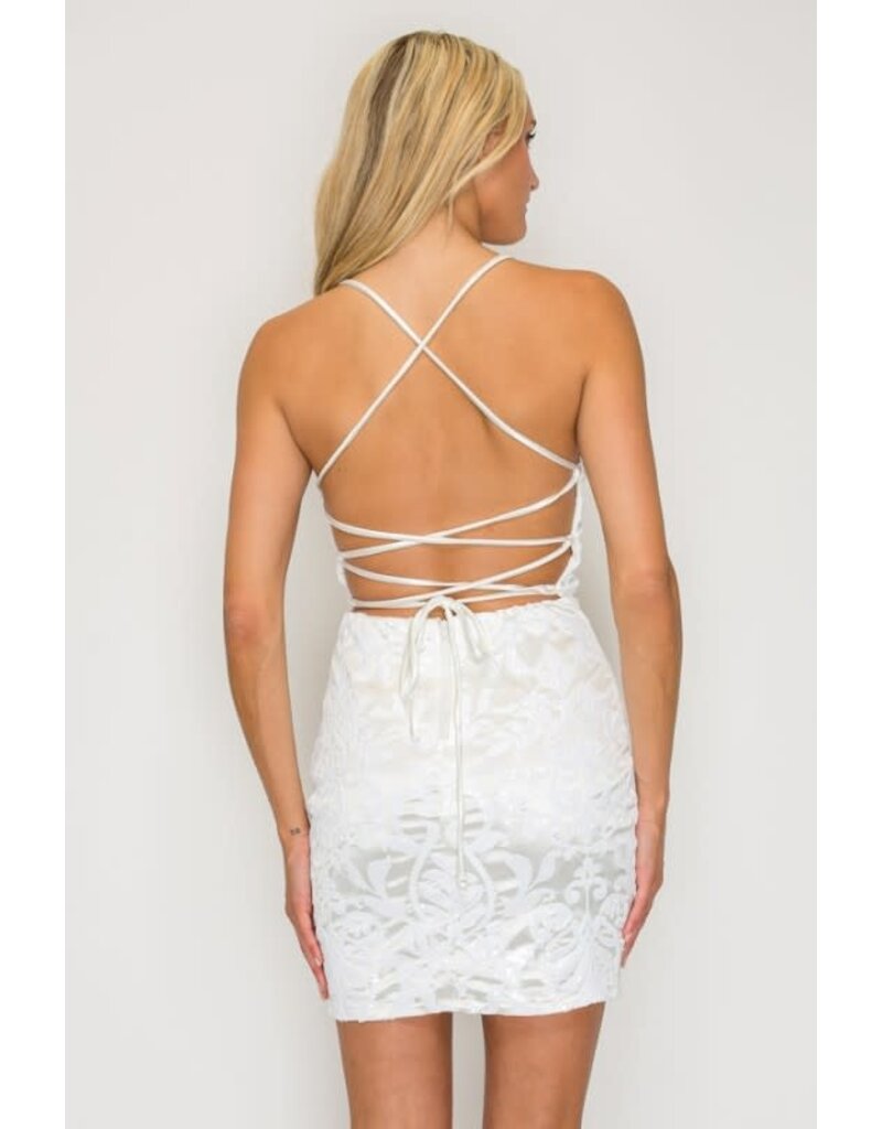 LOVESOME Spaghetti strap v-neck fitted sequin/satin short gown TRC1573