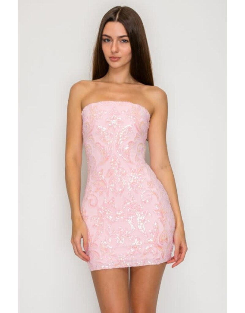 LOVESOME Strapless beaded sequin fitted zipper back short gown CD309501
