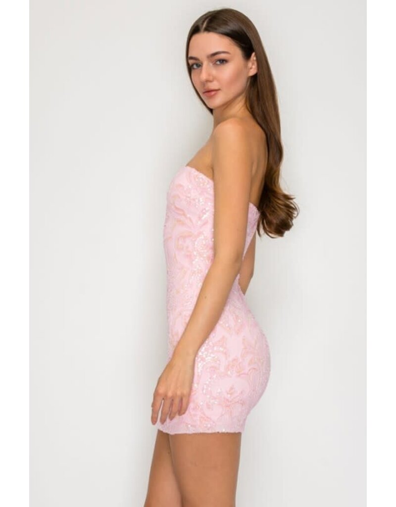 LOVESOME Strapless beaded sequin fitted zipper back short gown CD309501