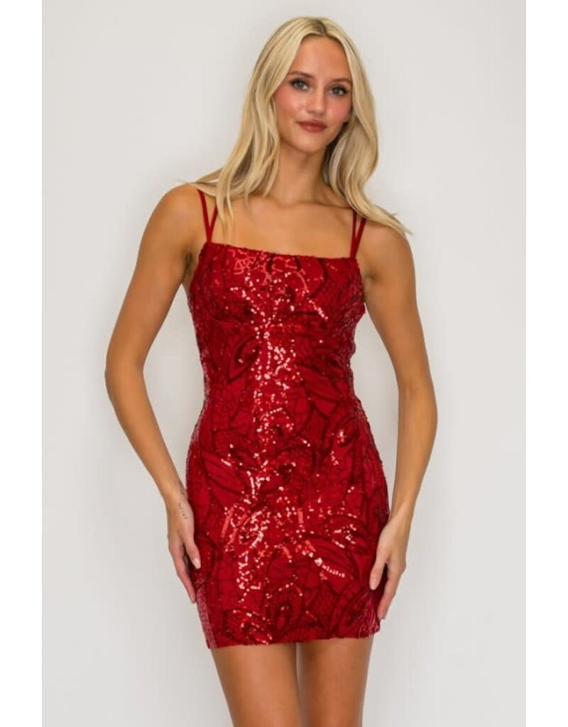 LOVESOME Double strap sequin fitted lace up back short gown CD31018