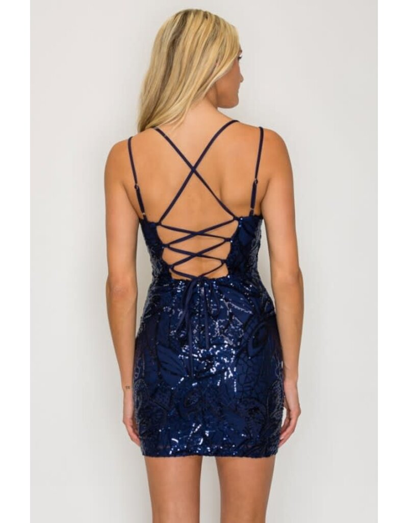 LOVESOME Double strap sequin fitted lace up back short gown CD31018