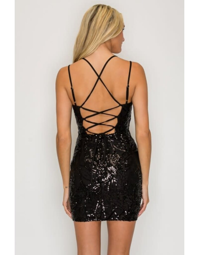 LOVESOME Double strap sequin fitted lace up back short gown CD31018