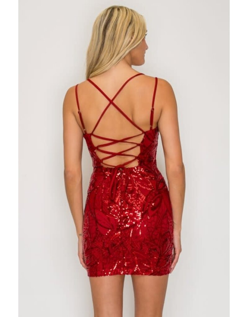 LOVESOME Double strap sequin fitted lace up back short gown CD31018