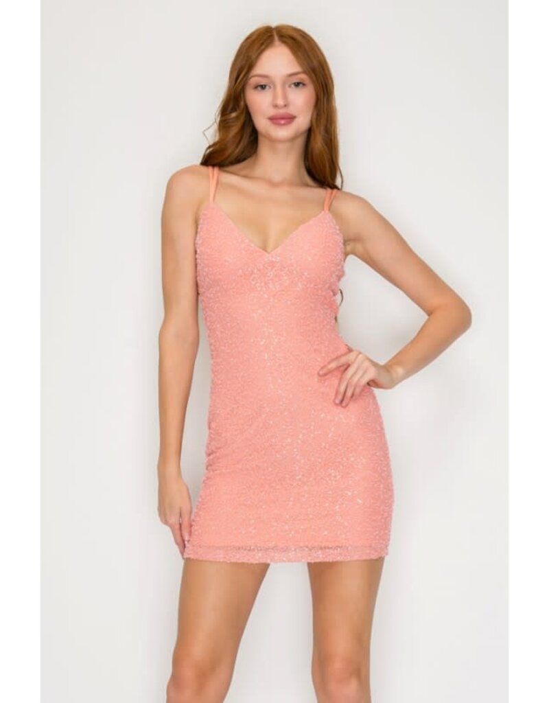 LOVESOME Beaded Double strap fitted short gown CD303851