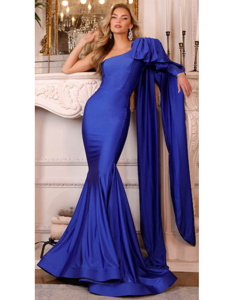 JESSICA ANGEL One shoulder jersey gown w/ sleeve cape 914