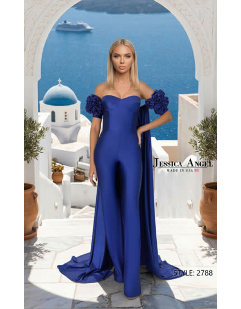 JESSICA ANGEL Strapless jumpsuit w/ rose shoulder cape 2788
