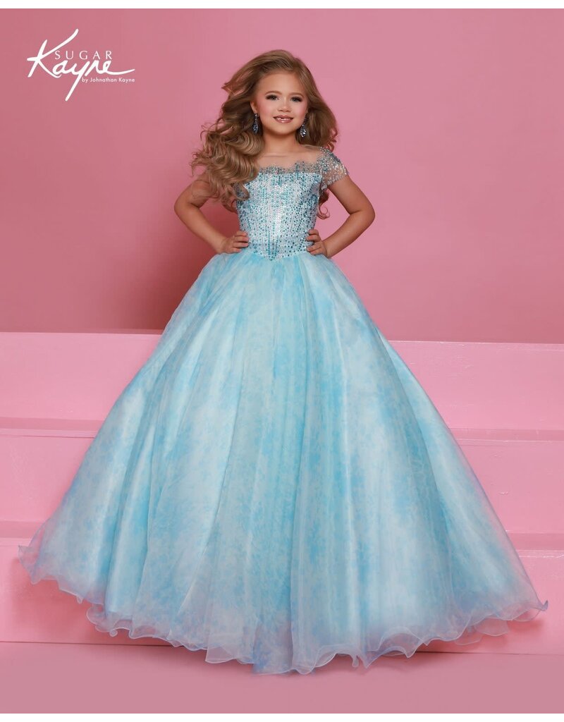 Sugar Kayne Organza ballgown w/ fringe sleeves C406
