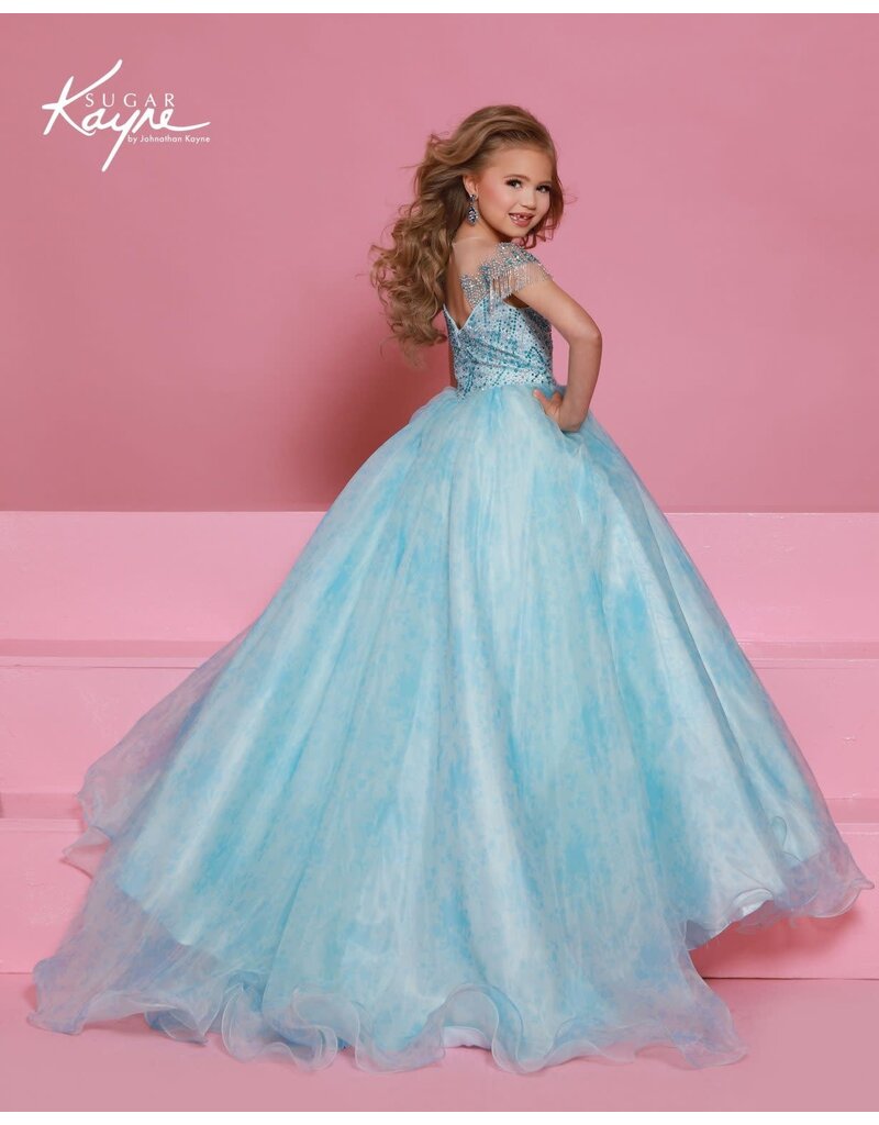 Sugar Kayne Organza ballgown w/ fringe sleeves C406