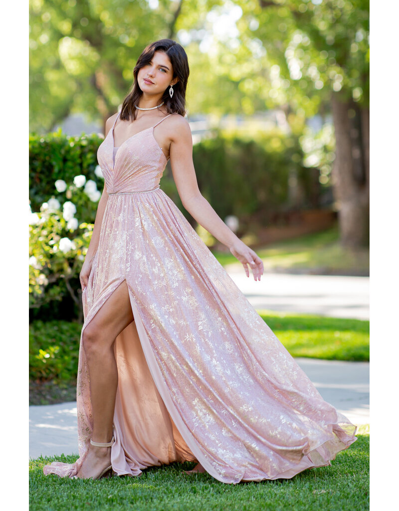 A-line gold flower print dress 8086J