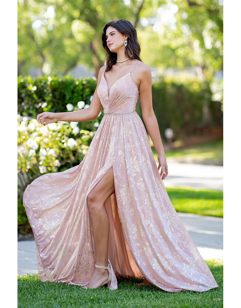 A-line gold flower print dress 8086J