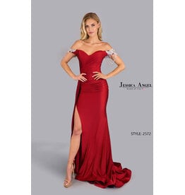 JESSICA ANGEL Off shoulder gown w/ leg slit & beaded straps 2572