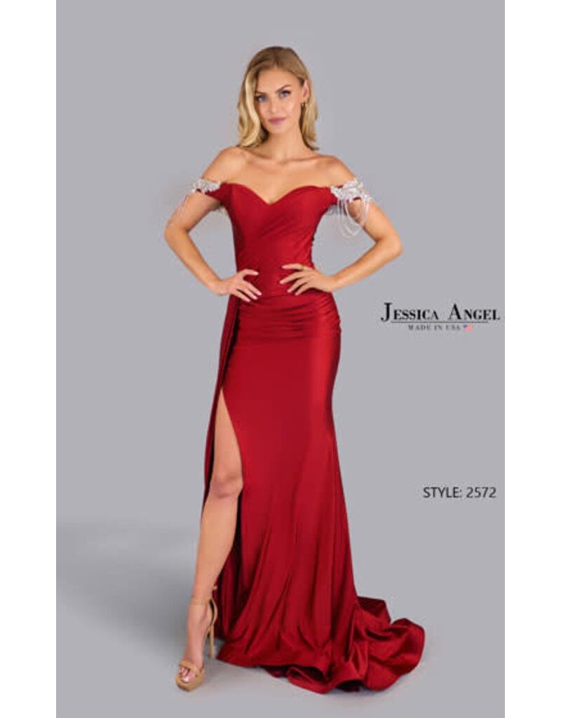 JESSICA ANGEL Off shoulder gown w/ leg slit & beaded straps 2572