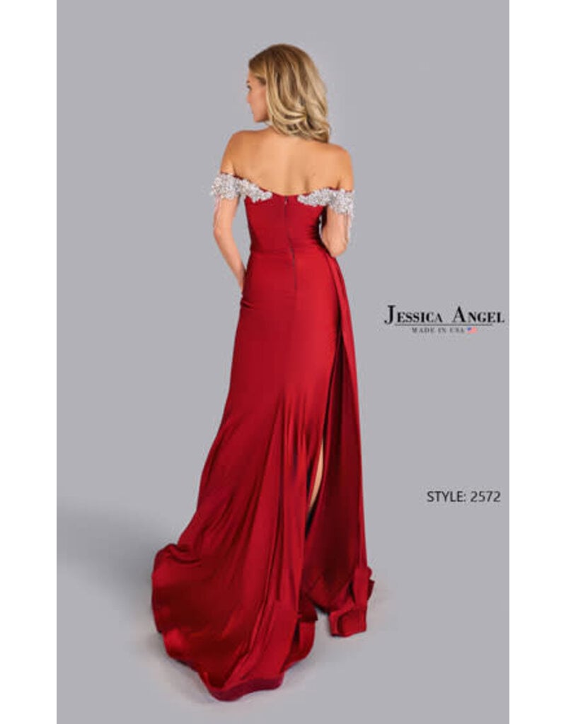 JESSICA ANGEL Off shoulder gown w/ leg slit & beaded straps 2572