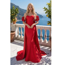 JESSICA ANGEL Strapless jersey gown w/ rose shoulder cape 2786