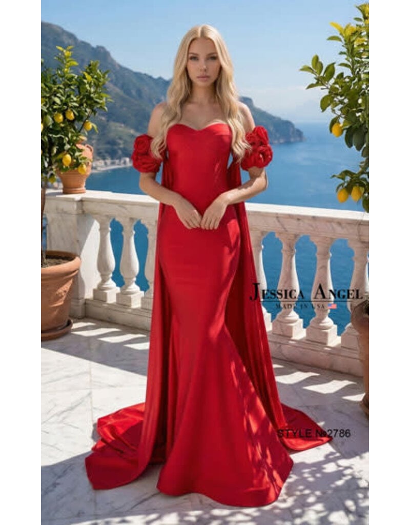 JESSICA ANGEL Strapless jersey gown w/ rose shoulder cape 2786