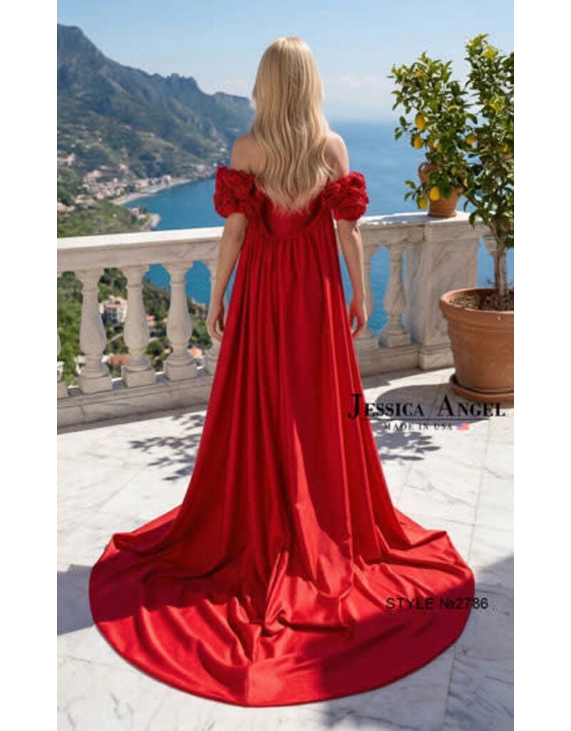 JESSICA ANGEL Strapless jersey gown w/ rose shoulder cape 2786