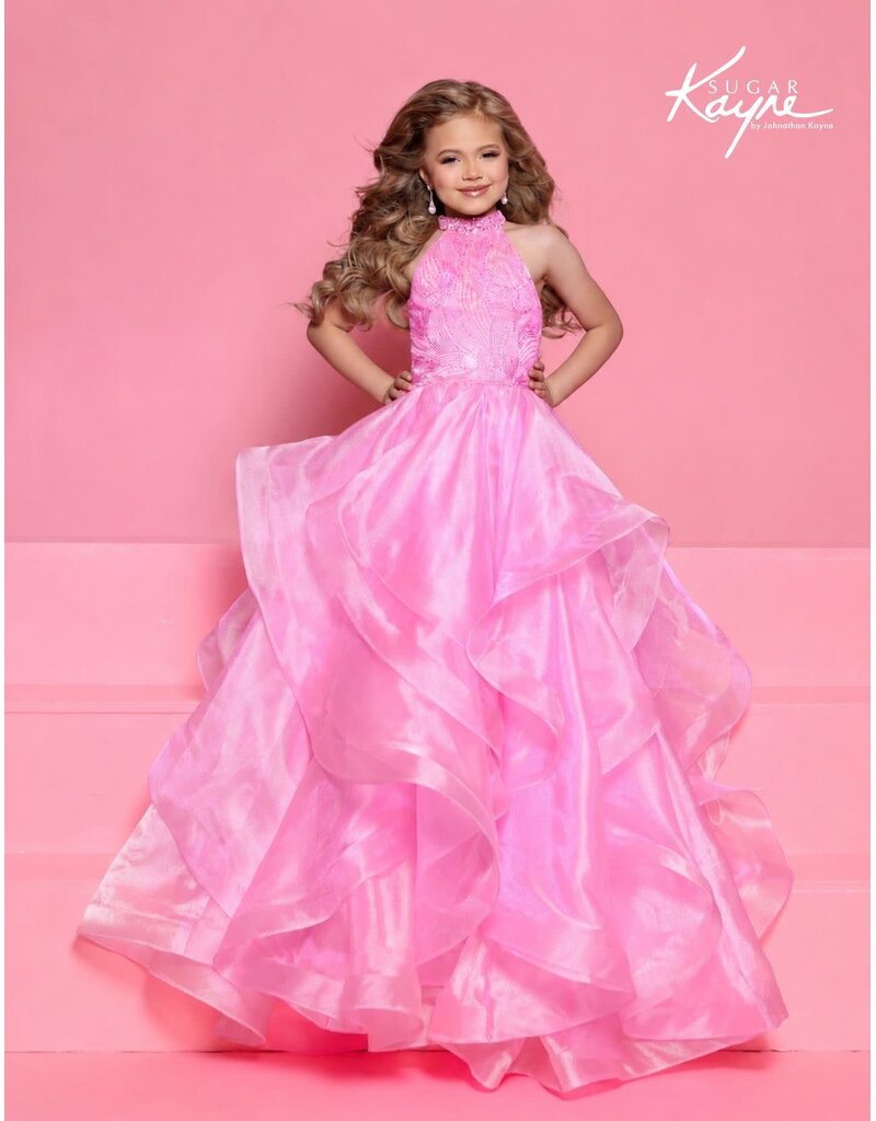 Sugar Kayne High neck shimmer ruffle ballgown C429