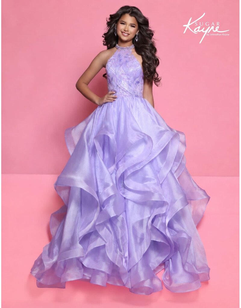 Sugar Kayne High neck shimmer ruffle ballgown C429