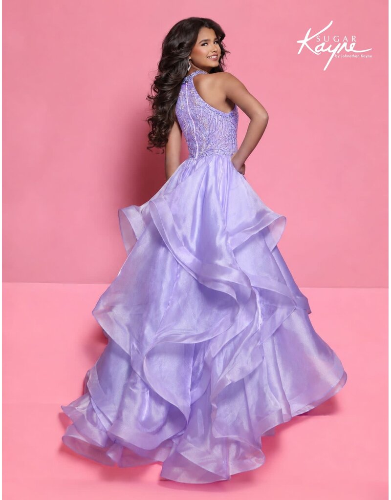 Sugar Kayne High neck shimmer ruffle ballgown C429