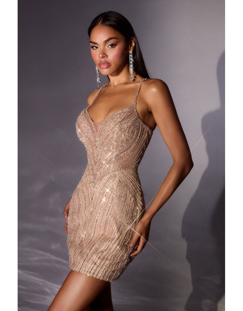 Ladivine Spaghetti strap beaded sheer bodice fitted short gown CC26501