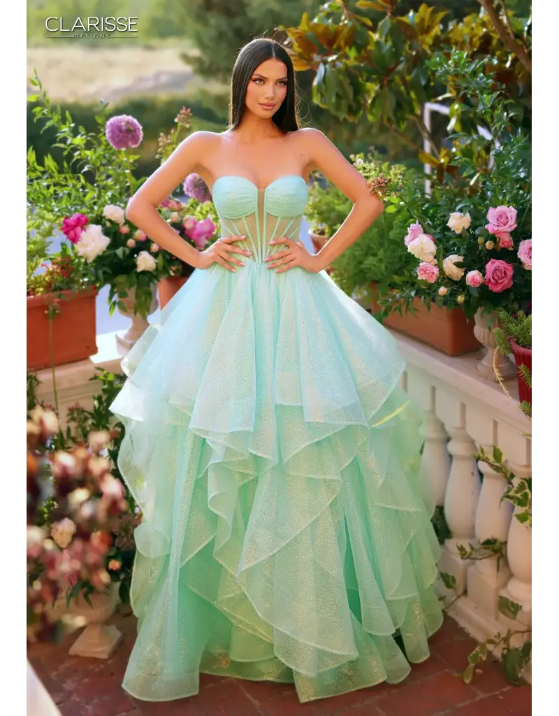 Strapless sheer corset bodice glittle ruffle ballgown 6226263
