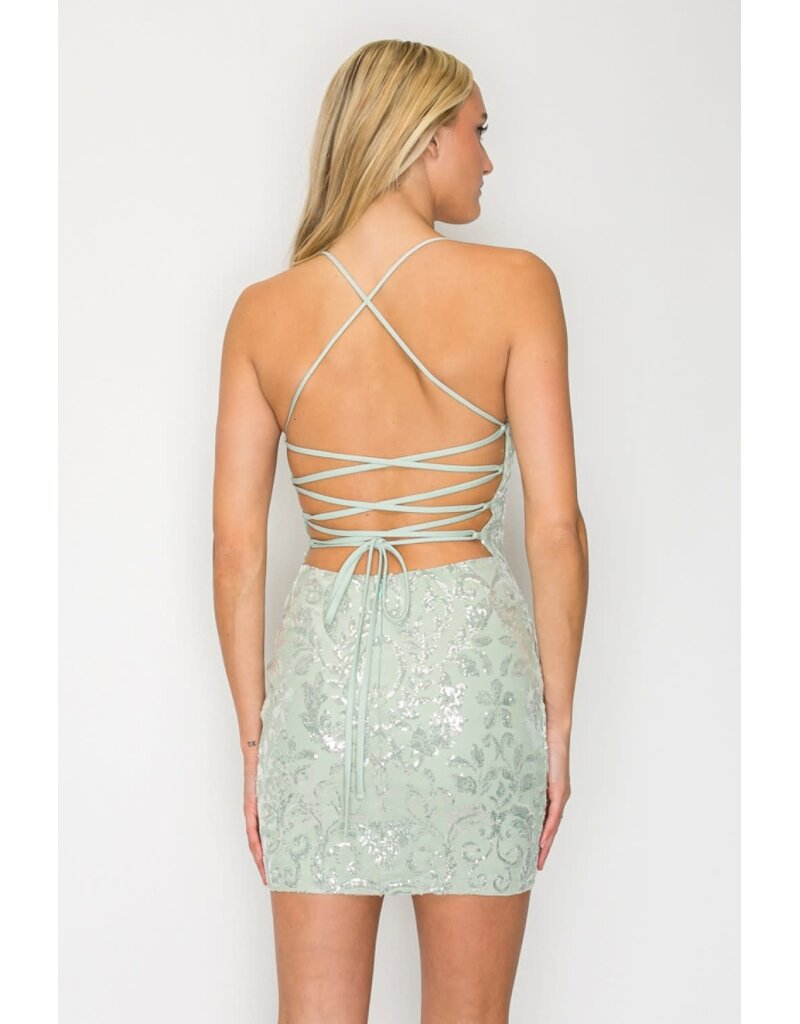 LOVESOME Fitted sequin spaghetti strap lace up back CD26306291