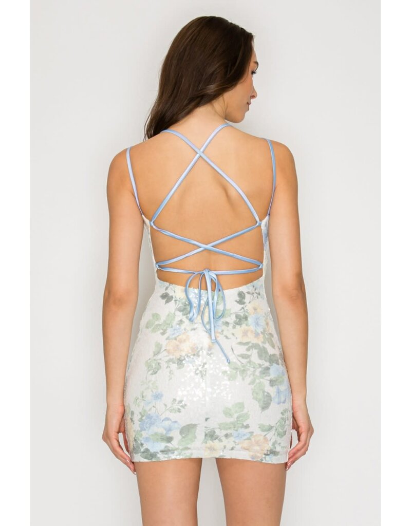 LOVESOME Floral sequin mini w/lace up back CD2630976