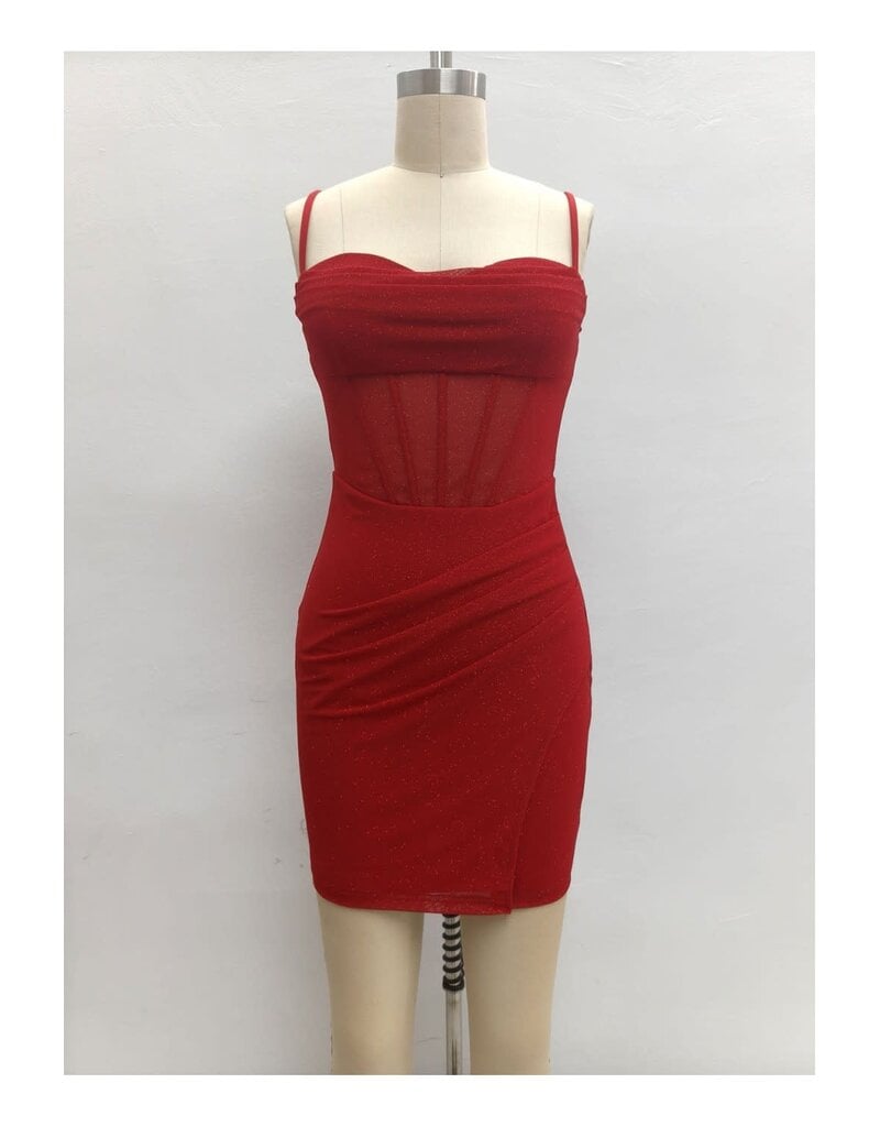 LOVESOME Spaghetti strap fitted glitter mesh mini CD2655872