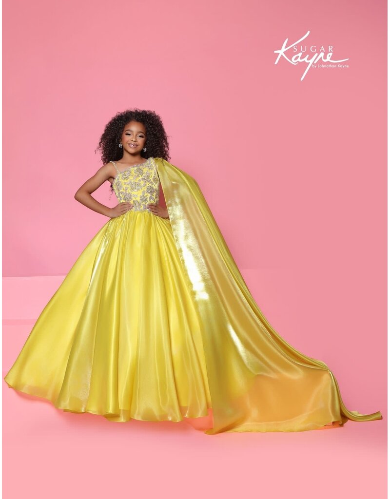 Sugar Kayne Mirror organza ballgown with one-shoulder cape C417