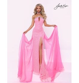 Strapless fully beaded gown w/ choker chiffon cape 3350