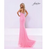 Strapless fully beaded gown w/ choker chiffon cape 3350