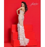 Strapless beaded gown w/ feather train 3361