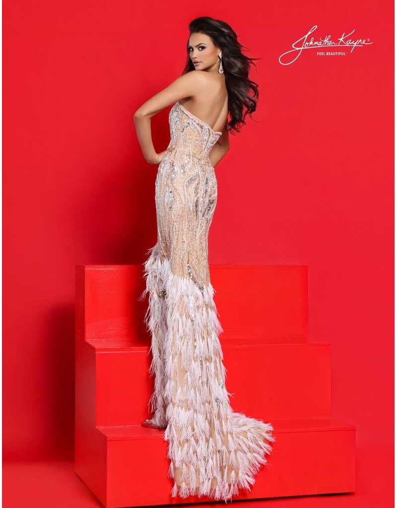Strapless beaded gown w/ feather train 3361