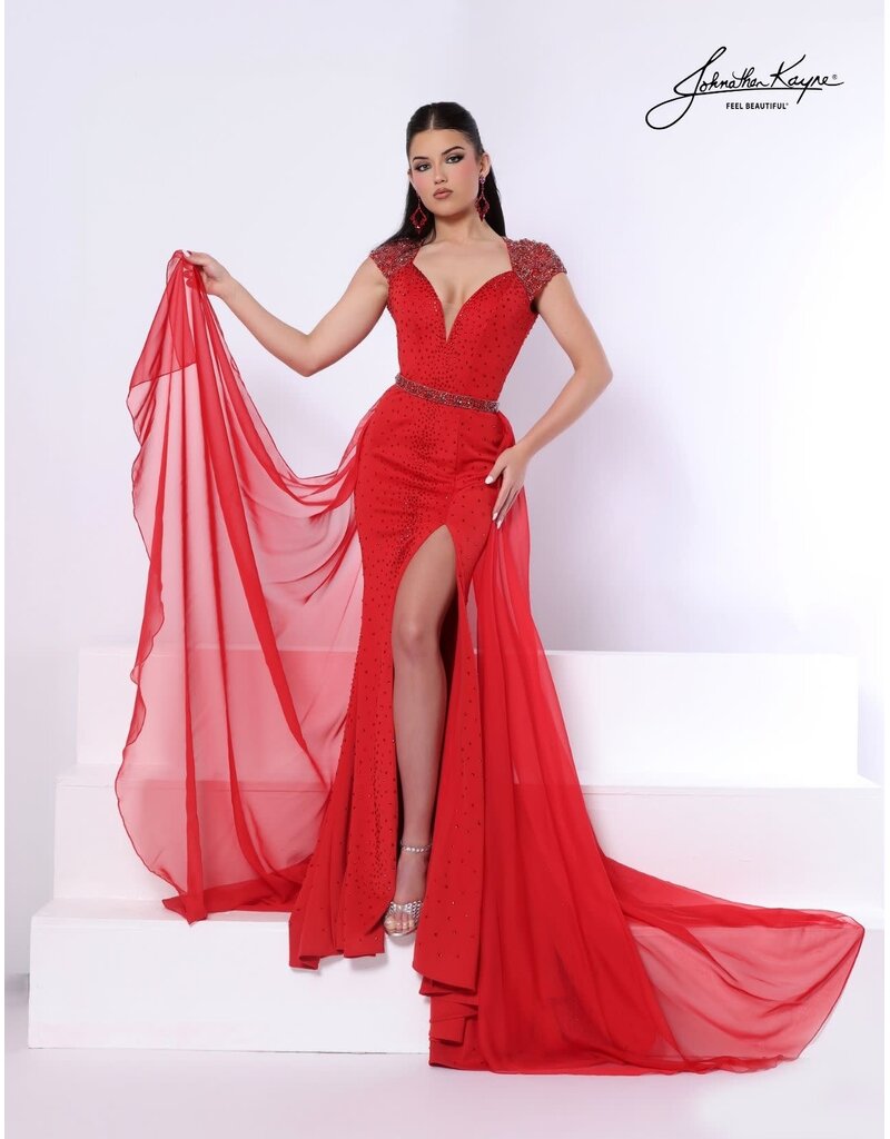 Cap sleeve fitted gown w/ chiffon overskirt 3364