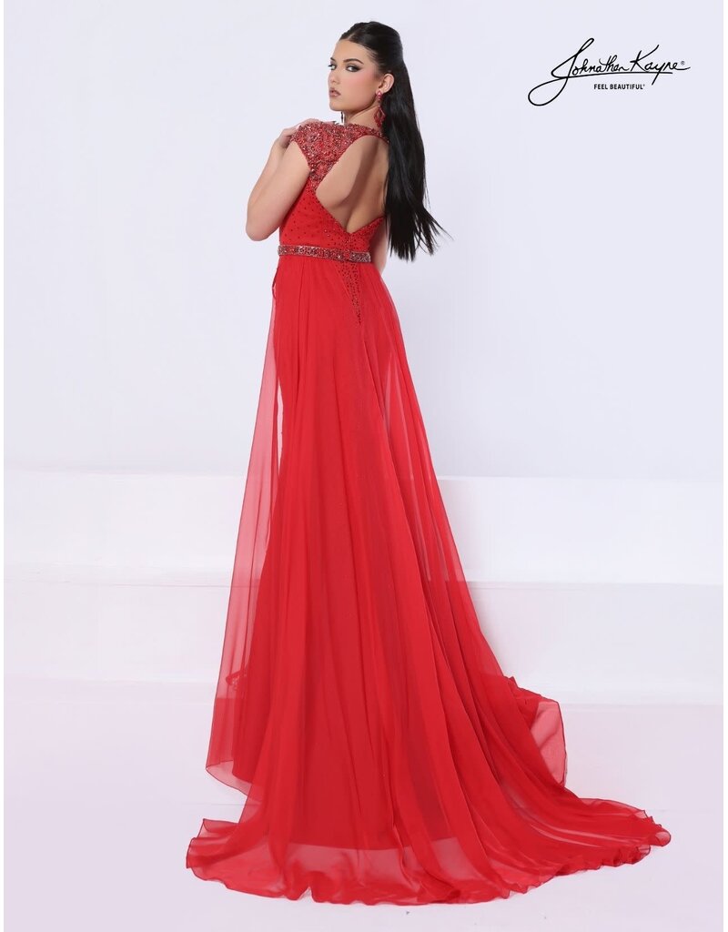 Cap sleeve fitted gown w/ chiffon overskirt 3364