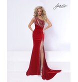 Velvet beaded gown w/ ruffle shoulder cape 3366