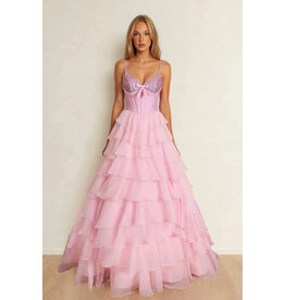 KATE PARKER Spaghetti strap beaded bodice ruffle ballgown 27823