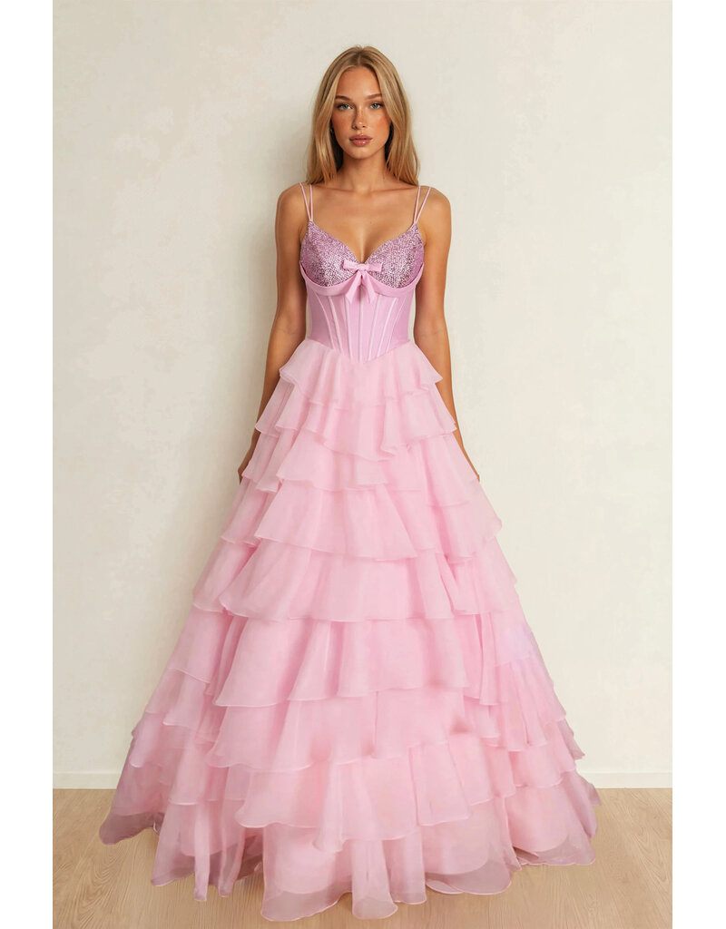 KATE PARKER Spaghetti strap beaded bodice ruffle ballgown 27823